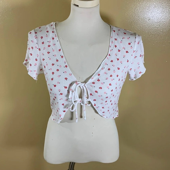 Princess Polly xx size 4 ditsy floral white tie front crop top ribbed - Picture 1 of 7